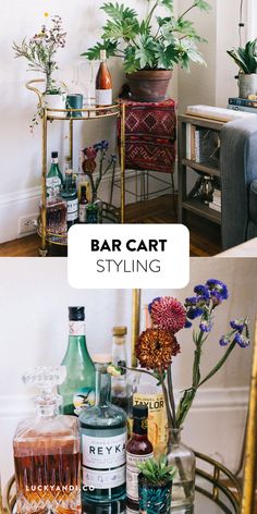 the bar cart is full of liquor bottles and flowers in vases next to it