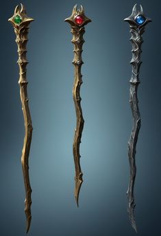 three different types of swords are shown in this image, one is gold and the other is silver
