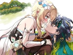 two anime characters laying in the grass with their heads touching each other's noses