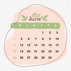 a pink calendar with the date of june on it and green leaves in the middle