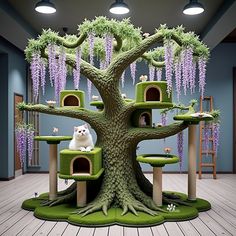 a cat sitting on top of a tree in a room with purple flowers hanging from the ceiling