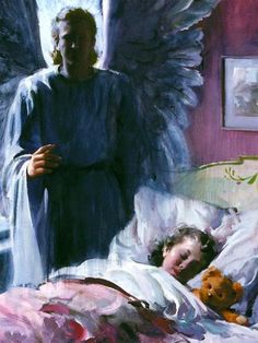 an angel is standing over a child in bed