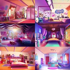 the inside of a house with various rooms and furniture, including a bed, desk, television