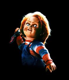 the chucky doll from it's not so scary movie is shown in front of a black background