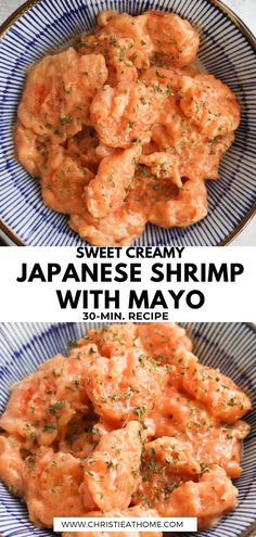 japanese shrimp with mayo sauce in a blue and white bowl