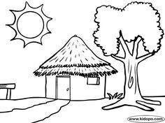 a drawing of a hut with a tree in the foreground and a bench on the other side