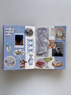 an open scrapbook with pictures and words on it's cover is shown in the shape of a book