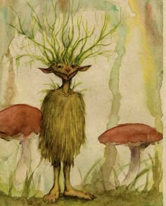 a painting of a creature with grass on its head and two mushrooms in the background