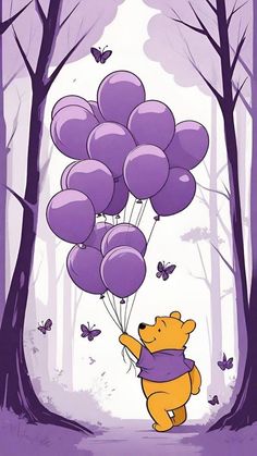 a winnie the pooh bear holding onto purple balloons