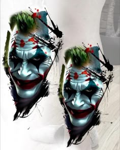 the face of a clown with green hair and red eyes is shown in front of a white background