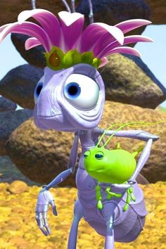 an animated insect with a flower on its head standing next to a small green bug