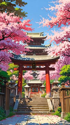a painting of a japanese temple with cherry blossom trees