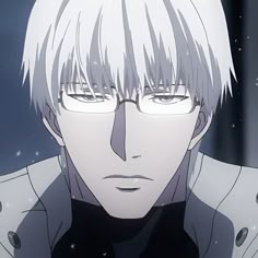 an anime character with white hair and glasses looking at the camera while staring into the distance