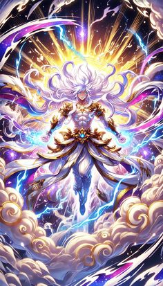 an image of a woman surrounded by clouds and lightnings in the sky with her arms outstretched