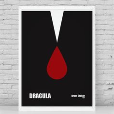 dracula minimalist movie poster on a white brick wall in front of a black and red background