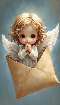 an angel holding a envelope with its hands in it's mouth and looking at the camera