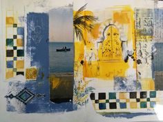 an abstract painting with blue, yellow and white squares on it's surface next to the ocean