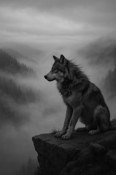 a wolf sitting on top of a cliff with fog in the air behind it and trees