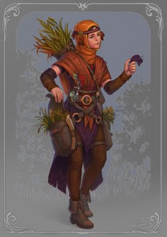 a woman dressed in medieval garb holding a bird and potted plants with her hands