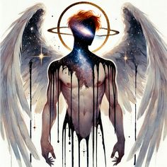 an angel with white wings is standing in front of the stars and circles on his body