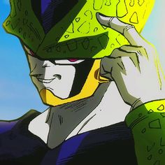 an animated image of a man wearing a green hat and holding his hand up to his face