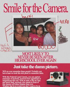 an advertisement for the polaroid camera with three people under an umbrella and one person taking a photo