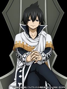 an anime character sitting on a chair with his hands folded up in front of him