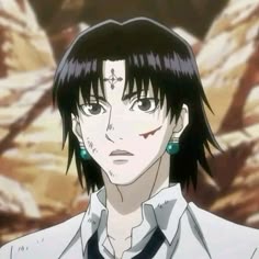 an anime character with black hair and piercings in front of a rock formation, staring at the camera