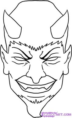the face of an evil man with horns and fangs on his head, outlined in black ink