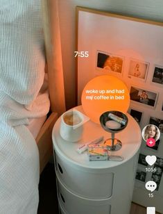 a bedroom with a bed, nightstand and pictures on the wall above it that says woke up and had my coffee in bed