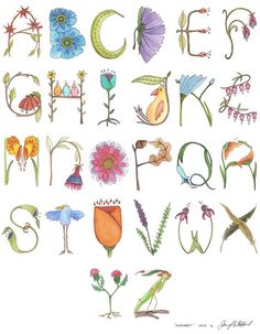 the letters and numbers are drawn with colored pencils on white paper, including flowers