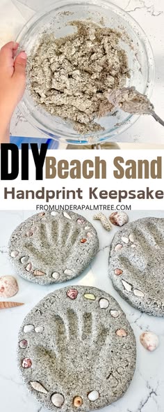 the process to make diy beach sand handprint keepsakes out of shells