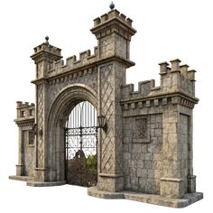 an old castle gate with two birds on top