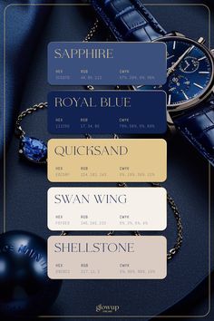 an image of a blue watch and some other items on a table with the words sapphire, royal blue, quicksand, swan, swan wing, shelstone