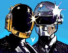 an image of two people wearing helmets and one is looking at the stars in the sky