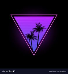 a neon triangle with two palm trees in the middle and a purple sky behind it