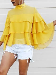 Yellow Ruffled Top For Brunch, Yellow Ruffled Blouse For The Beach, Summer Tiered Ruffle Blouse, Layered Ruffle Top, Yellow Ruffled Tops For Day Out, Yellow Stretch Tops With Ruffles, Yellow Ruffle Shirt, Yellow Ruffled Long Sleeve Blouse, Yellow Bell Sleeve Top