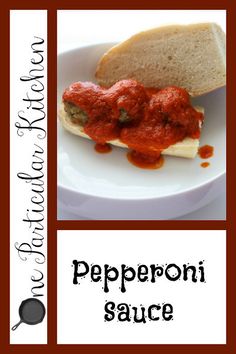 there is a sandwich with sauce on it and the words pepperoni sauce are below