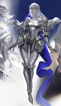 a woman dressed in silver and blue standing next to a white horse