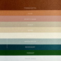 the color chart for terracotta clay, dusty rose, sand hone, water blue, midnight forest, terracotta