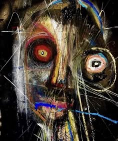 an abstract painting of a cat's face with red eyes and colorful lines on it