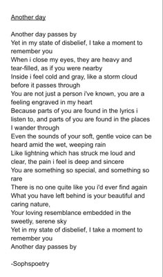 a poem written in black and white with the words, another day passed by yet in my state of disbelit, i take a moment to remember you