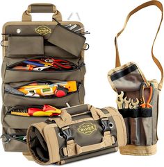 a tool bag with tools in it sitting next to an open tool pouch