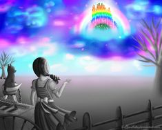 two children are sitting on a bench looking at the rainbow in the sky above them