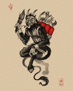 a drawing of a demon with horns and claws on his head, holding a knife