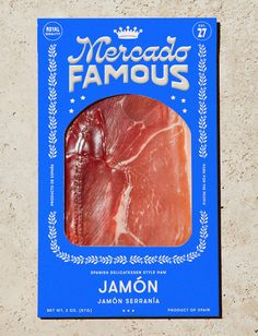 a piece of meat sitting on top of a blue package with the words meread famous