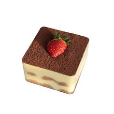 a piece of cake with a strawberry on top