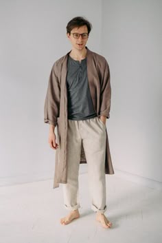 Casual Daywear Robe In Relaxed Fit, Open Robe Men, Linen Cardigan Men, Linen Pajamas Men, Nightgowns For Men, Loose Cardigan Men, Mens Tunic Robe, Mens Linen Loungewear, Linen Sleepwear Men