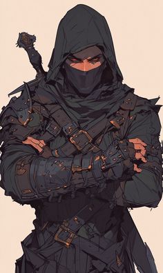 a drawing of a person wearing a black outfit and holding a knife in their hands