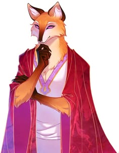a fox in a red cape and white shirt holding a piece of food to its mouth